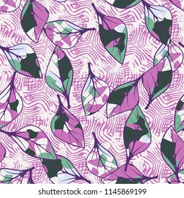 A seamless texture consisting of chaotically arranged multi-colored leaves.
The leaves are on the background of a pattern of curved lines and five-pointed stars.