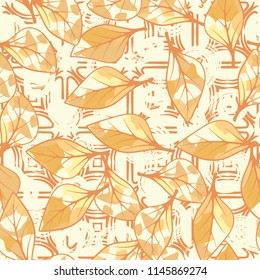A seamless texture consisting of chaotically arranged multi-colored leaves.
The leaves are on the background of squares with bubbles and curls.