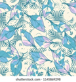 A seamless texture consisting of chaotically arranged multi-colored leaves.
The leaves are on the background of flower-like figures and curls.