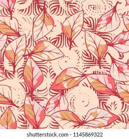 A seamless texture consisting of chaotically arranged multi-colored leaves.
The leaves are on the background of flower-like figures and curls.