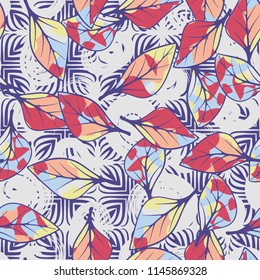 A seamless texture consisting of chaotically arranged multi-colored leaves.
The leaves are on the background of flower-like figures and curls.