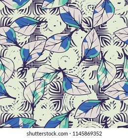 A seamless texture consisting of chaotically arranged multi-colored leaves.
The leaves are on the background of flower-like figures and curls.