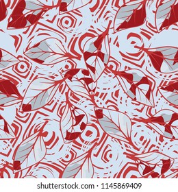 A seamless texture consisting of chaotically arranged multi-colored leaves.
The leaves are on a background of spindle-shaped figures and circles.