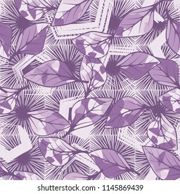 A seamless texture consisting of chaotically arranged multi-colored leaves.
The leaves are on the background of square stars and pentagons.