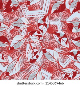A seamless texture consisting of chaotically arranged multi-colored leaves.
The leaves are on the background of square stars and pentagons.