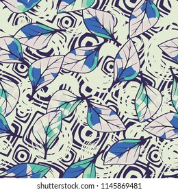 A seamless texture consisting of chaotically arranged multi-colored leaves.
The leaves are on a background of spindle-shaped figures and circles.
