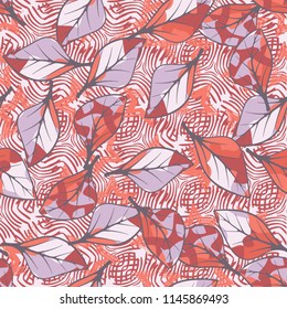 A seamless texture consisting of chaotically arranged multi-colored leaves.
The leaves are on the background of a pattern of curved lines and five-pointed stars.