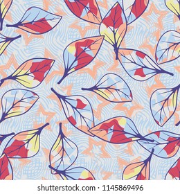 A seamless texture consisting of chaotically arranged multi-colored leaves.
The leaves are on the background of a pattern of curved lines and five-pointed stars.