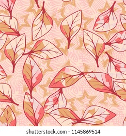 A seamless texture consisting of chaotically arranged multi-colored leaves.
The leaves are on the background of a pattern of curved lines and five-pointed stars.