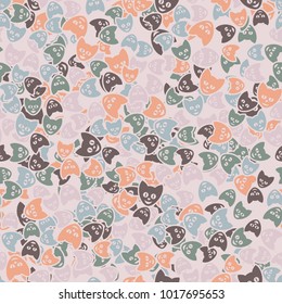 Seamless texture consisting of multi-colored cat-like smiley faces.