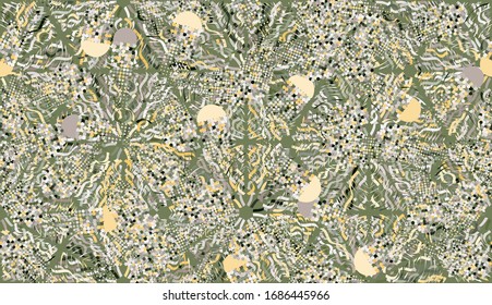 Seamless texture. Consisting of multi-colored snowflakes pattern. Colorful motley chaos. Shapes with six-sided symmetry. Contains symbolic comets.