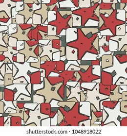 A seamless texture consisting of squares broken by a five-pointed star. The fragments of the element are colored in different colors. Camouflage.