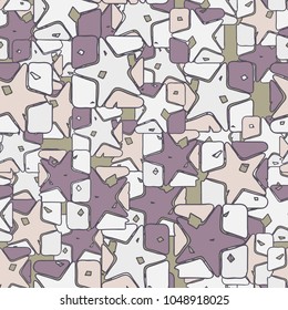 A seamless texture consisting of squares broken by a five-pointed star. The fragments of the element are colored in different colors. Camouflage.