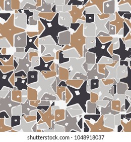 A seamless texture consisting of squares broken by a five-pointed star. The fragments of the element are colored in different colors. Camouflage.
