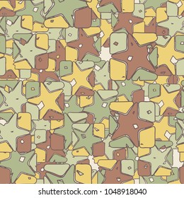 A seamless texture consisting of squares broken by a five-pointed star. The fragments of the element are colored in different colors. Camouflage.