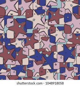 A seamless texture consisting of squares broken by a five-pointed star. The fragments of the element are colored in different colors. Camouflage.