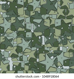A seamless texture consisting of squares broken by a five-pointed star. The fragments of the element are colored in different colors. Camouflage.