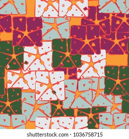 A seamless texture consisting of stripped multicolored squares. Checkered camouflage for city dandies.