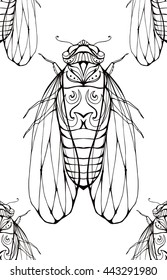 Seamless texture with contour cicadas decorated boho pattern. Vector element for your creativity