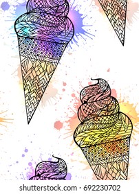 Seamless texture with a contour pattern of an ice cream cone with a boho pattern and watercolor splashes. Vector doodle pattern for fabrics, wallpaper and your creativity