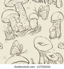 Seamless texture contour of white mushrooms, autumn leaves and butterflies