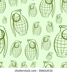 Seamless texture with contours of grenades on a green background