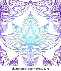 Seamless texture with the contours of the lotus with Boho pattern. Vector element for spa centers, yoga studios. Hand drawn. Doodle elements for your design