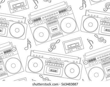 Seamless texture with the contours of the old tape recorders, boomboxes, cassette and musical notes. Vector background for design music site, cards, wallpaper and your creativity