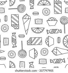 Seamless texture with cookies, chocolates, cakes and candies. Doodle seamless pattern with thin line candies.