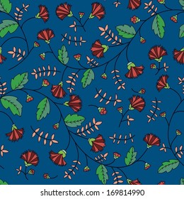 seamless texture with cornflowers and leaves on a dark background