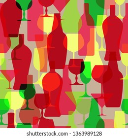 Seamless texture. Corporate style. Multicolor pattern of  bottles and glasses. to design a package, box or wrapper. 