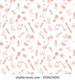 Seamless texture from cosmetics icons and floral elements, pattern, abstract background, wallpaper 