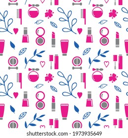 Seamless texture from cosmetics icons and floral elements, pattern, abstract background, wllpaper	