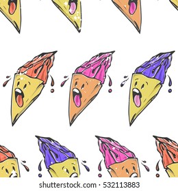 Seamless texture. Crazy ice cream. Character. Ice cream with his tongue hanging out and sweating. It can be use for background, clothing design, wrapping paper or your design.