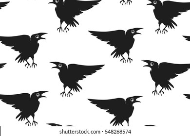 Seamless texture with crows. Repeating pattern with ravens. The gloomy monochrome background. It can be use for background, clothing design, wrapping paper or your design.