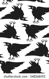 Seamless texture with crows. Repeating pattern with ravens. The gloomy monochrome background. It can be use for background, clothing design, wrapping paper or your design.