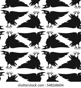Seamless texture with crows. Repeating pattern with ravens. The gloomy monochrome background. It can be use for background, clothing design, wrapping paper or your design.