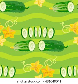 Seamless texture with cucumber, flower and slices on green background. Vector illustration.  Floral texture with natural elements. Flat style healthy food.
