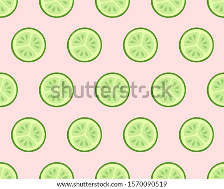 Seamless texture of cucumber slices on pink background. Healthy frood or cosmetic ingredient pattern. Vector illustration.