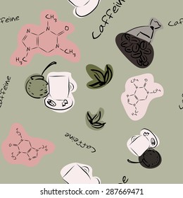 Seamless texture with the cup of coffee and caffeine formula