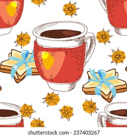 Seamless texture cup of tea, coffee, in knitting, cookies in the form of stars and star anise with doodle style