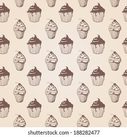 Seamless texture with cupcakes. Can be used for wallpaper, pattern fills, textile, web page background, surface textures. Vector illustration. 