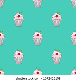 Seamless texture of cupcakes with cherry on turquoise background. For children textile, wallpaper, fabric etc.