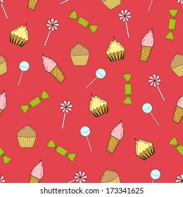 Seamless texture cupcakes, ice cream and candy 