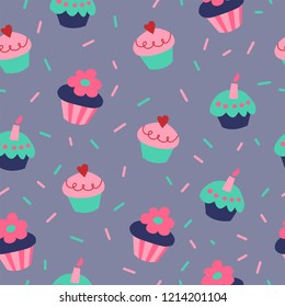 Seamless texture with a cupcakes and muffins on a gray background