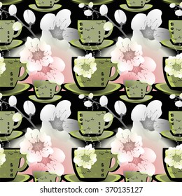 Seamless texture with cups of green tea and cherry flowers on black and pink background