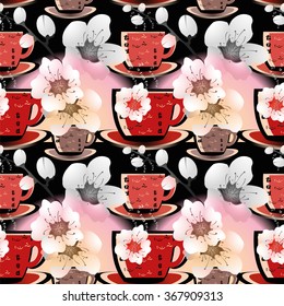 Seamless texture with cups of tea and cherry branches on black and pink background