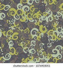 Seamless texture. Curls of different colors are located chaotically. Regular strokes on top of the pattern.