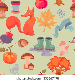 Seamless texture with cute bird, fox, mushrooms and autumn leaves. Vector background.