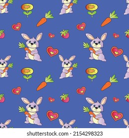 Textura sin foco con bonitos conejitos y zanahoria. Textura vectorial con conejo de dibujos animados.